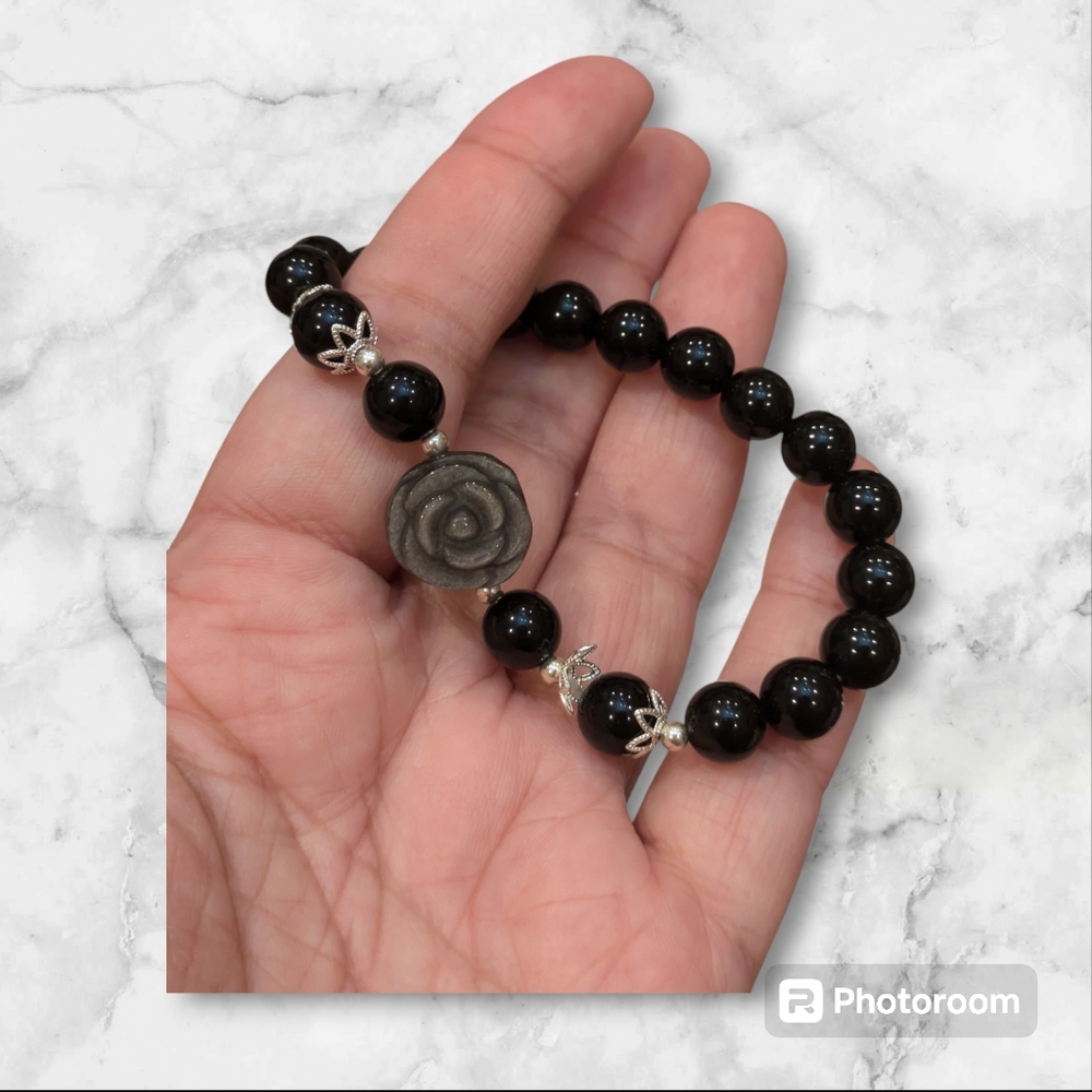 Genuine Silver Sheen Obsidian Carved Rose Stretch Bracelet